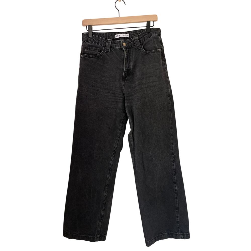 Zara Black Wash Wide Leg Jeans High Rise Cropped Raw Hem Size US 4